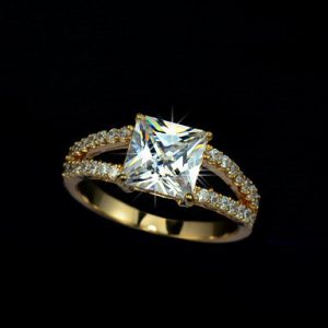 18K Gold plated Princess Cut Cubic Zirconia with micro CZs Cluster Setting Engagement Ring
