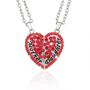 2PC Silver Plated Mother Daughter Necklace Silver Heart Full Crystal Rhinestone