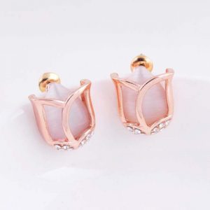 Fashion Party Jewelry Set Pink/Beige Cat Eye Opal Rhinestone Tulip Flower Necklaces Earrings Bracelets