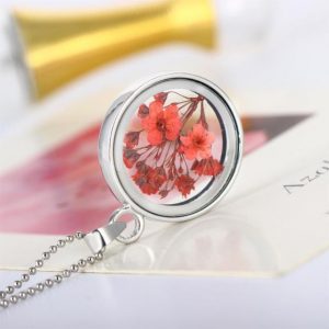 Dried Flowers Round Glass Statement Necklaces Silver Plated Chain Long Necklaces For Women