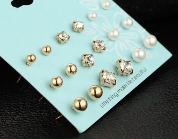New 9 Pairs/lot Crystal Pearl Stud Earrings Piercing Gold Color 2016 Fashion Earrings For Women