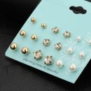 New 9 Pairs/lot Crystal Pearl Stud Earrings Piercing Gold Color 2016 Fashion Earrings For Women