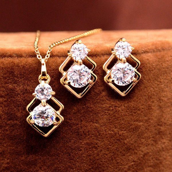 18k Yellow Gold Plated CZ Diamond Wedding Jewelry Sets Necklace Earrings