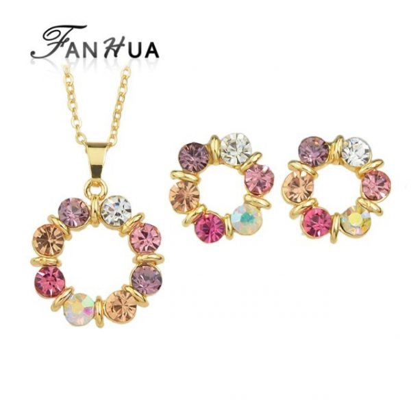 Jewerly-Sets-Gold-Color-Chain-Colorful-Rhinestone-Flower-Pendant- shop online pakistan clicknorder.pk