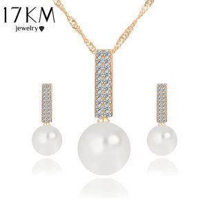 Women Fashion Jewelry Set Necklace Earrings Simple simulated Pearl Pendant Crystal Silver Color
