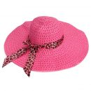 Women Sun Hat Candy Color Straw Hat Wide Large Brim Floppy Summer Beach Cap with Leopard Ribbon Rose