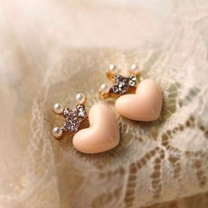 Mellow Pink Crystal Crown Peach Heart Love Stud Earrings Pearl earrings small fresh crown earrings