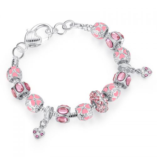 Silver Heart Charm Bracelet & Bangle With Glass Beads Jewelry