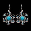 Tibetan Silver Blue Crystal Round Flowers Turquoise Pendant Necklace Earrings for Women