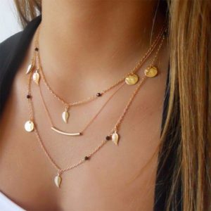 Gold silver chain beads leaves pendant necklace fashion jewelry multi layer necklaces for women