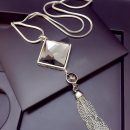 Top quality square crystal pendant long tassel necklace women fashion jewelry
