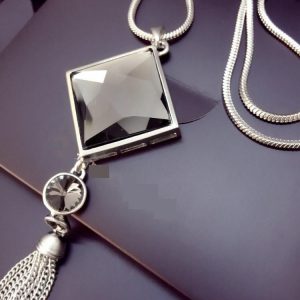 Top quality square crystal pendant long tassel necklace women fashion jewelry